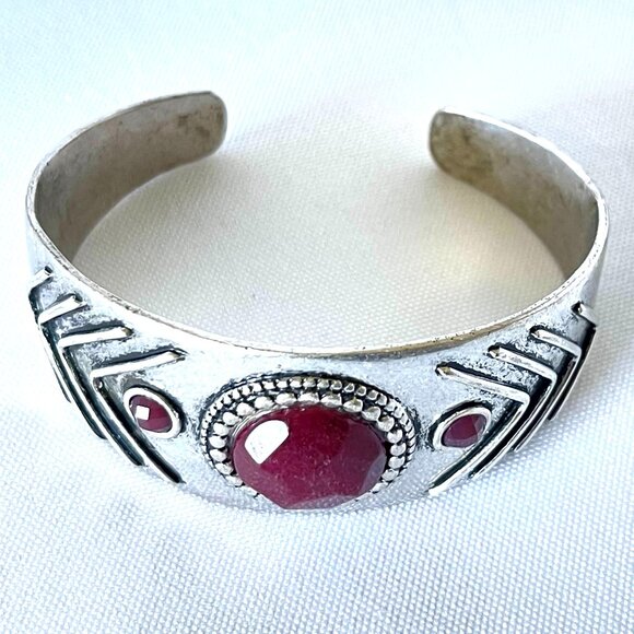 Lucky Brand Silver-Tone Red Stone Cuff Bracelet - Picture 1 of 10